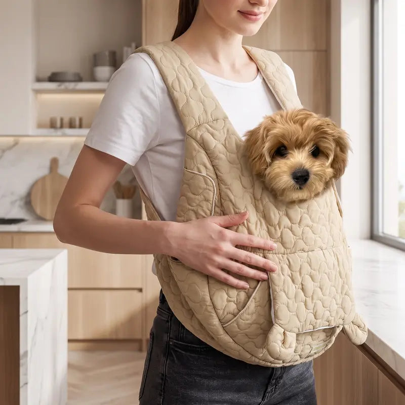Quilted Front Carrier Backpack for Small Dogs and Cats - Hands-Free Travel Sling with Front Pocket for Outdoor Walking