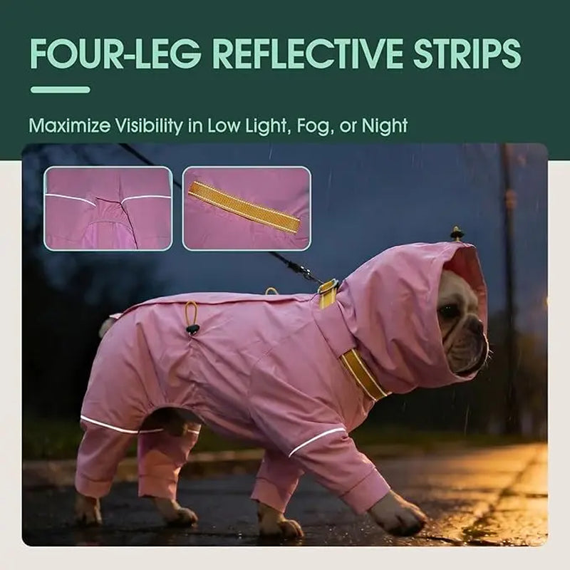 Kuoser Waterproof Dog Raincoat - Reflective Outdoor Pet Apparel with Adjustable Hood, Leash D-Ring, and 8-Leg Design for Full-Body Coverage in Lightweight Fabric for Small, Medium, and Large Dogs (Pink, Black)