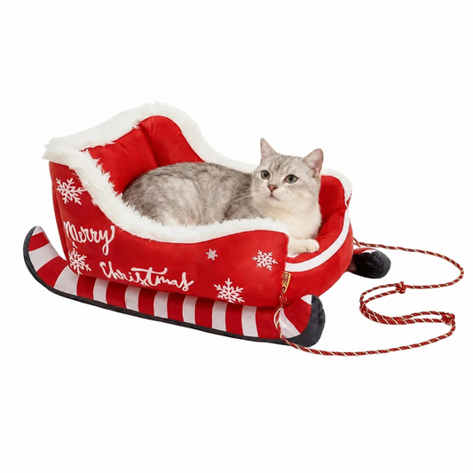 Festliches, Rotes Schlittenbett in Schneeflockenform Für Haustiere, Weiches Plüsch-Schlafbett Für Hunde Und Katzen Mit Weißem, Flauschigem Rand, Weihnachtsdekoration, Welpenkissen.