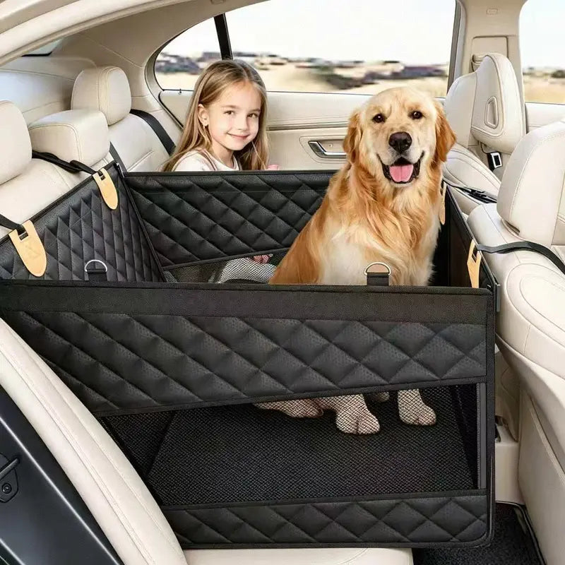 Premium Large Dog Car Seat with Triple Mesh Windows - Waterproof, Stable, Ventilated Quilted Back Seat Extender with Rigid Base, Ideal Protection Cover for Vehicles