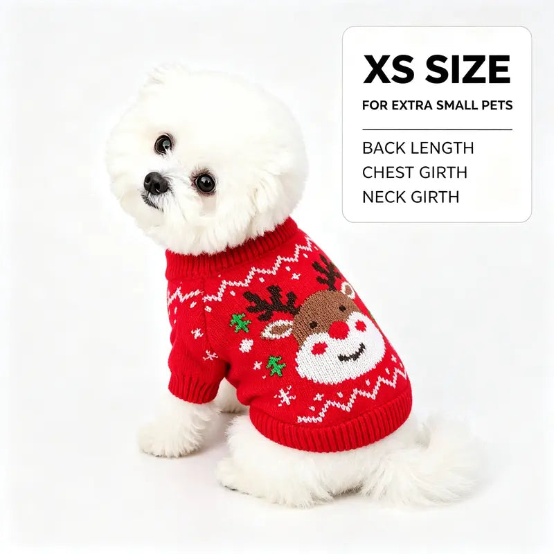 Red Cartoon Reindeer Print Knit Christmas Sweater for Small Dogs and Cats - Santa-Inspired Festive Knitwear Available in Multiple Sizes (X-Large)
