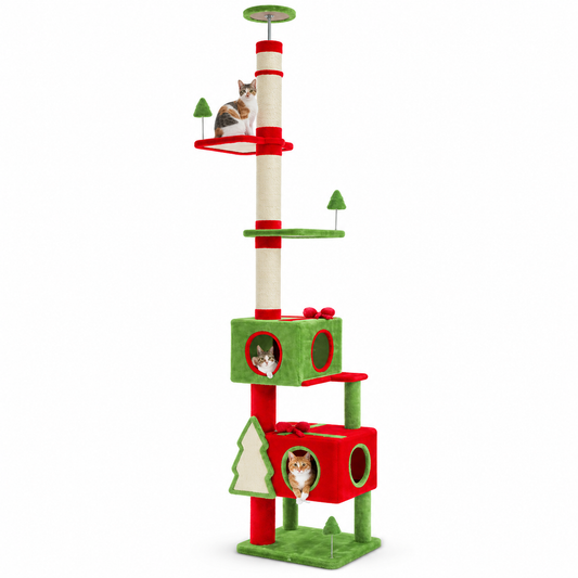 Weihnachts-Kratzbaum Vom Boden Bis Zur Decke, 231–274 Cm, Weihnachtsfest-Katzenturm Mit Rotem Eigentumswohnung, Automatisch Bedeckter Kratzbaum Für Katzen